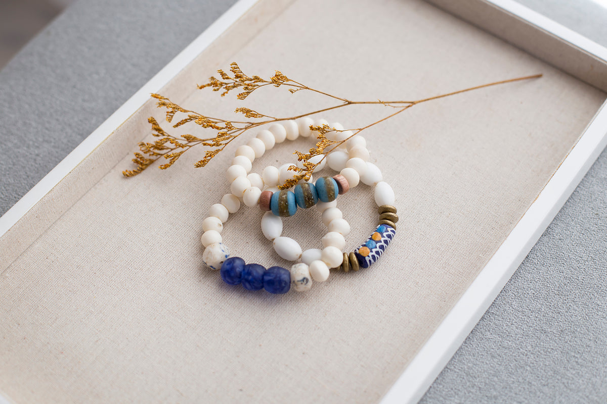 Hand-Painted, Boho Rustic Recycled Glass Beaded Bracelet