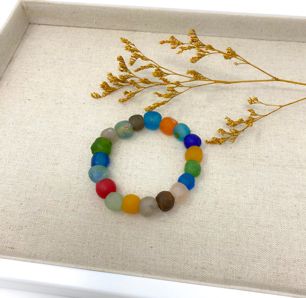 Recycled Glass Beaded Boho Bracelet, Rainbow