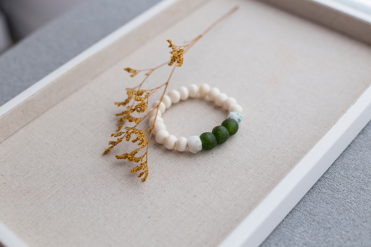 Boho Beaded Bracelet, Recycled Glass, Mala & Marble
