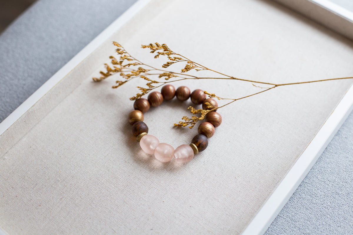 Bohemian Recycled Chunky Glass Beaded Bracelet, Dusty Rose
