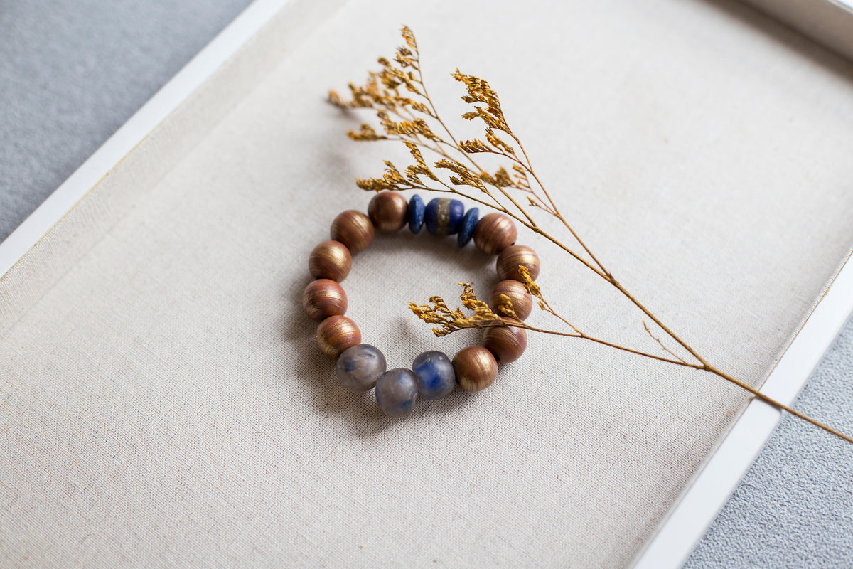 Chunky Bohemian Beaded Bracelet, Recycled Glass & Wood