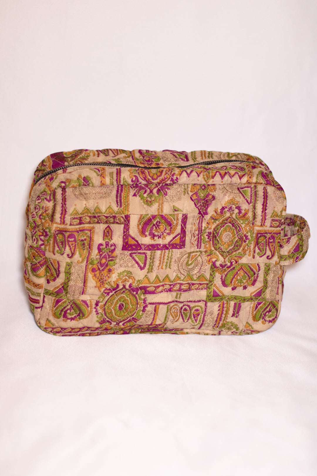 DIMAICHA Upcycled Silk Sari Travel Pouch – Purple & Green Mix