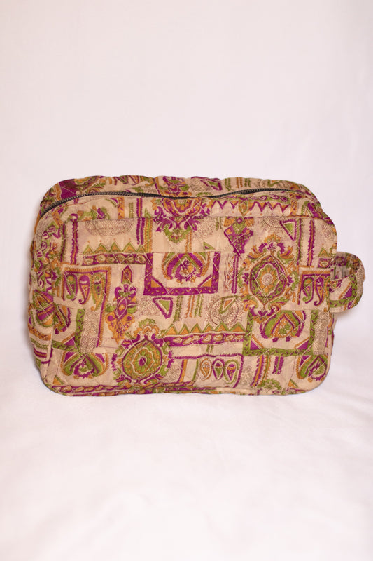 DIMAICHA Upcycled Silk Sari Travel Pouch – Purple & Green Mix